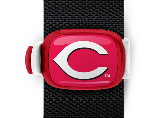 Cincinnati Reds Bag Tag mounted on a bag strap