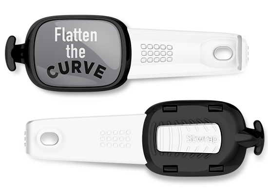 Flatten The Curve bag tag Stwrap mounted on backpack strap