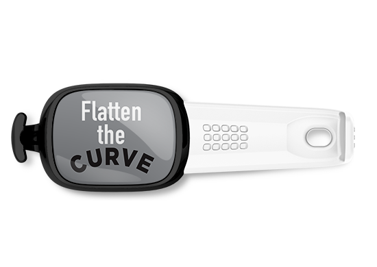 Flatten The Curve bag tag Stwrap mounted on backpack strap