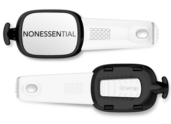 Nonessential bag tag Stwrap mounted on backpack strap