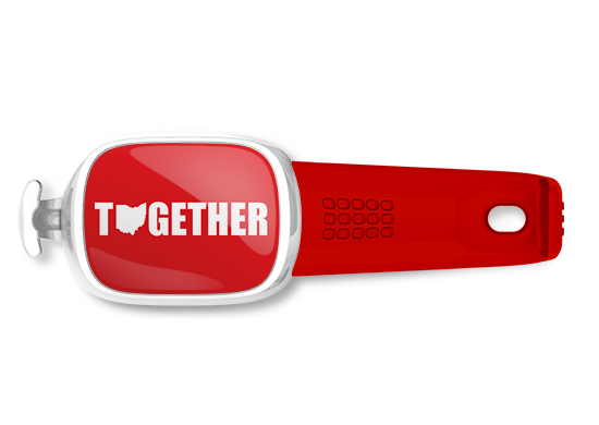 Ohio Together bag tag Stwrap mounted on backpack strap