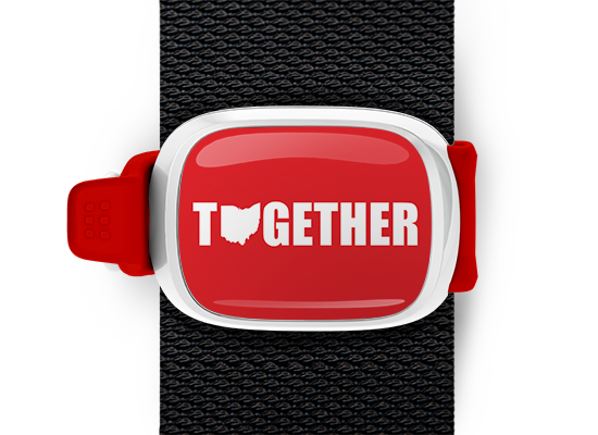 Ohio Together bag tag Stwrap mounted on backpack strap