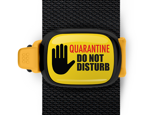 Quarantine Do Not Disturb Bag Tag mounted on a bag strap