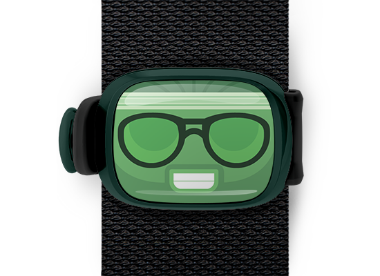 Character Green Guitar Guy bag tag Stwrap mounted on backpack strap