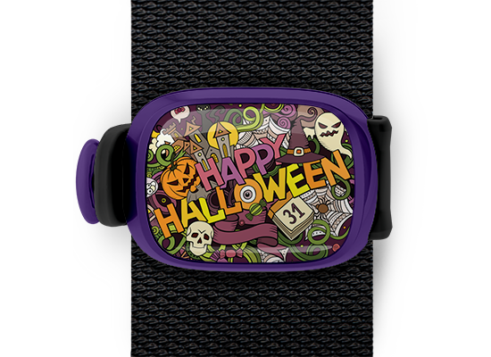 Happy Halloween bag tag Stwrap mounted on backpack strap