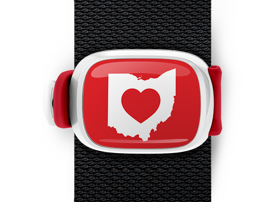Ohio Heart bag tag Stwrap mounted on backpack strap