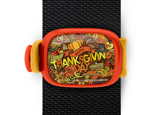 Happy Thanksgiving Bag Tag mounted on a bag strap